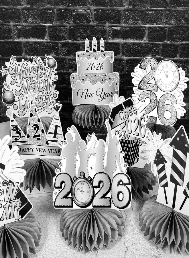 هواف مجموعة زينة حفلات رأس السنة الجديدة من HOWAF، 9 قطع، قطع مركزية على شكل خلية نحل، قطع مركزية فضية للطاولة لعام 2026، زينة طاولة ليلة رأس السنة الجديدة لهدايا حفلات رأس السنة الجديدة، قطع مركزية ورقية فضية على شكل ألعاب نارية للعام الجديد - Image 5